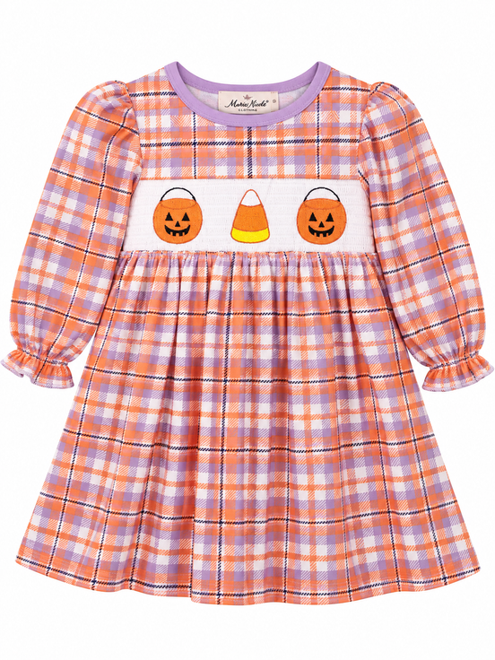 Jack-o'-Lantern Basket Smocked Plaid Dress