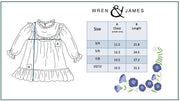 Children's dress with size chart and 'Wren & James' branding on a white background