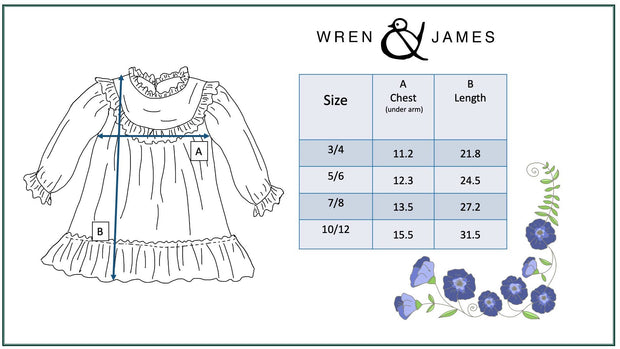 Children's dress with size chart and 'Wren & James' branding on a white background
