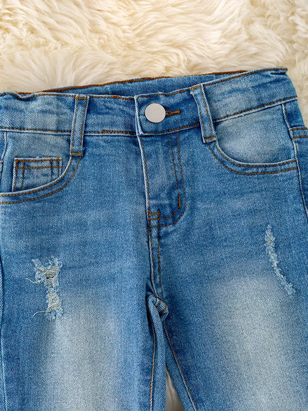 Girls Denim Pants with Distressed Hem