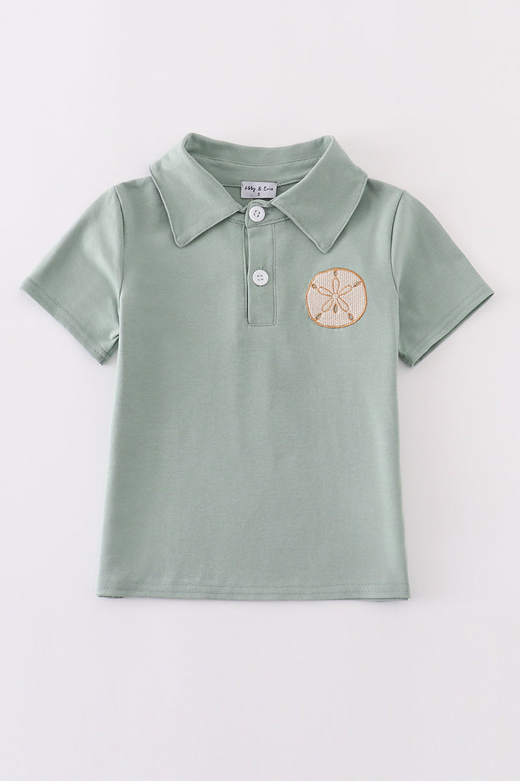 Sage Sand Dollar Embroidery Boy Shirt