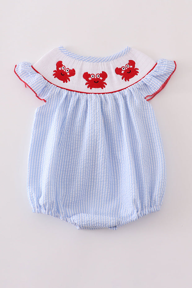 Blue Seersucker Crab Smocked Bubble
