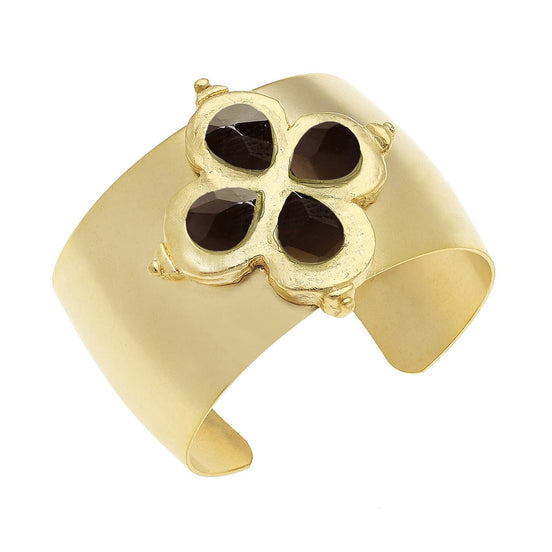 Handcast Gold Clover with Genuine Smoky Quartz Stone Cuff
