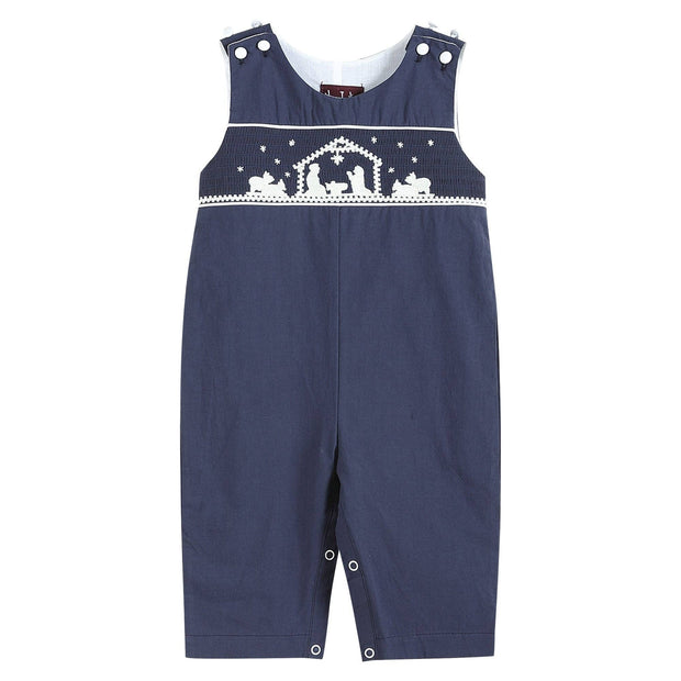 Navy blue overalls with white embroidery on a white background