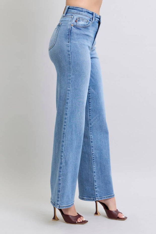 Judy Blue-High Waisted Vintage Wash Retro Wide Leg Jeans