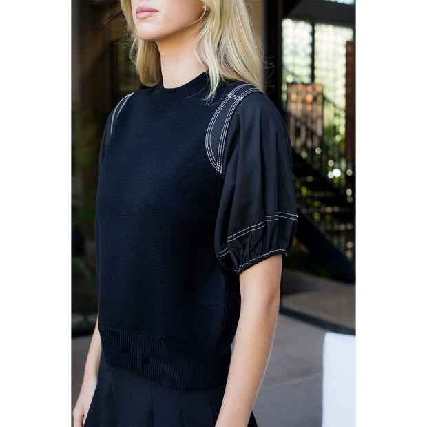 Camilla" Poplin Puff Sleeve Knit Top