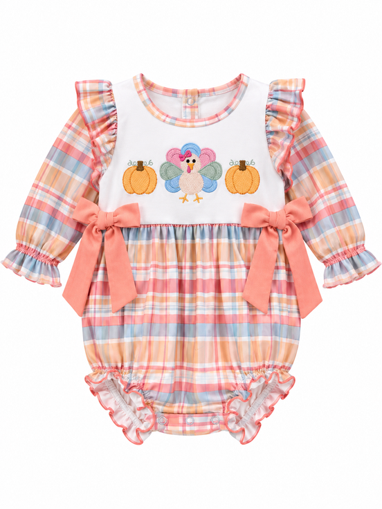 Thankful Pumpkin Plaid Bow Embroidered Romper