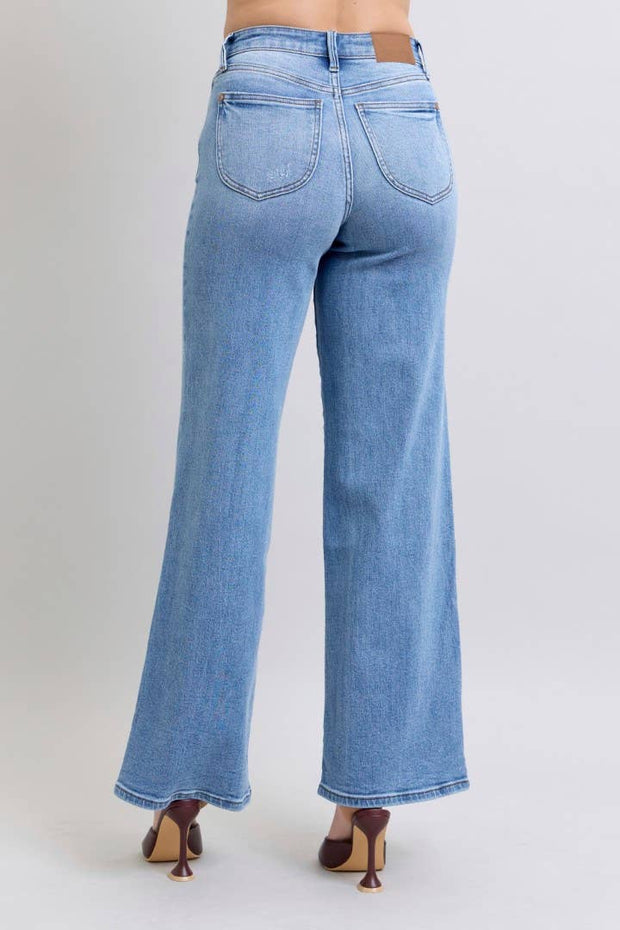 Judy Blue-High Waisted Vintage Wash Retro Wide Leg Jeans