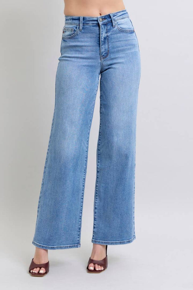 Judy Blue-High Waisted Vintage Wash Retro Wide Leg Jeans