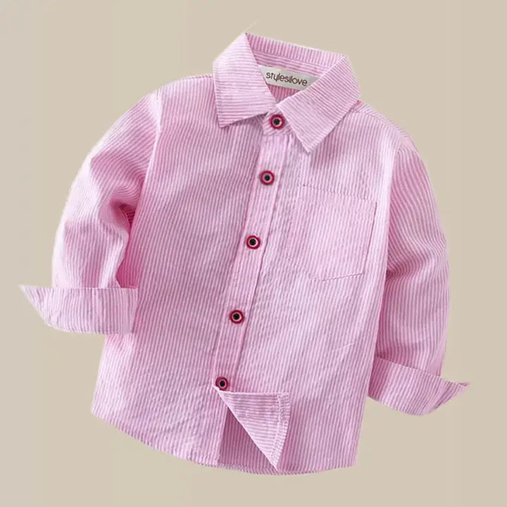 Pink Stripe Long Sleeve Boy Cotton Button-Down Dress Shirt