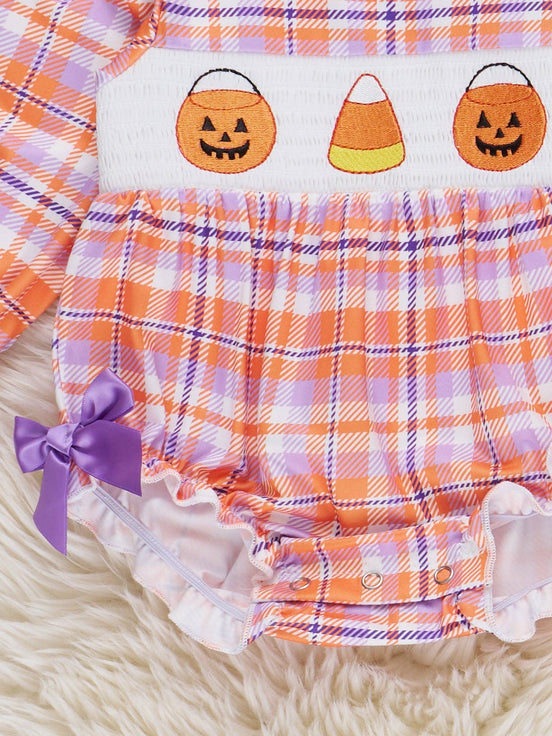 Jack-o'-Lantern Basket Smocked Plaid Bow Bubble