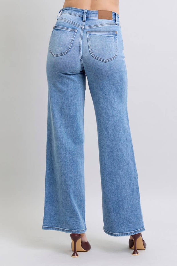 Judy Blue-High Waisted Vintage Wash Retro Wide Leg Jeans