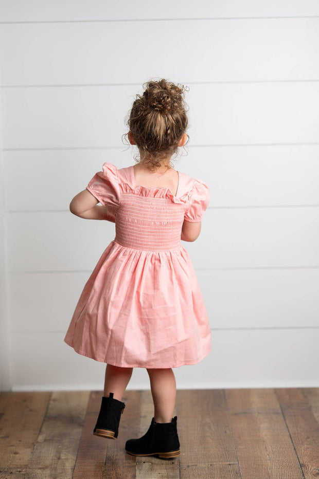Pink Shirred Puff Sleeve Dress