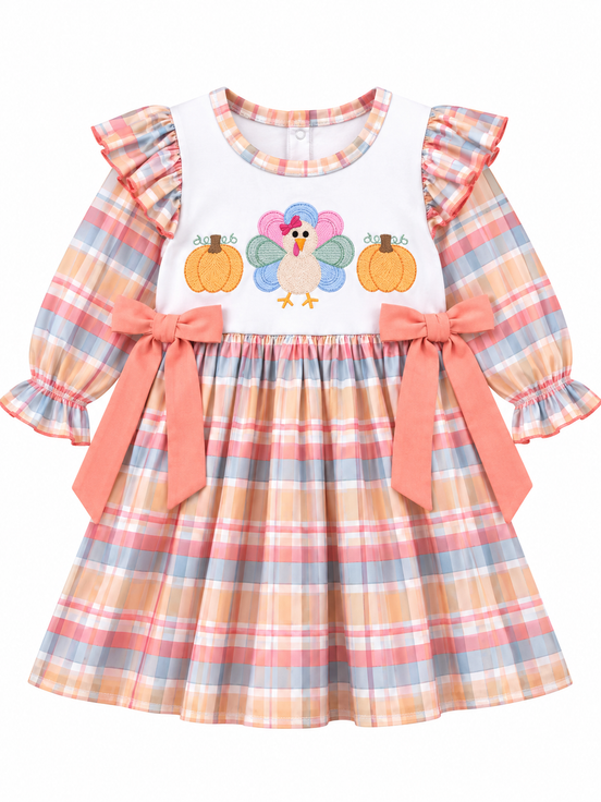 Thankful Pumpkin Plaid Bow Embroidered Dress