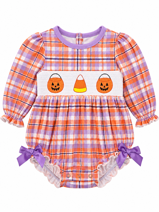 Jack-o'-Lantern Basket Smocked Plaid Bow Bubble