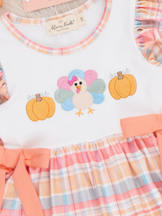 Thankful Pumpkin Plaid Bow Embroidered Dress