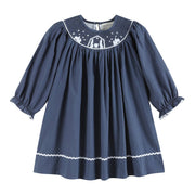 Girls Navy Nativity Smocked Bishop Dress