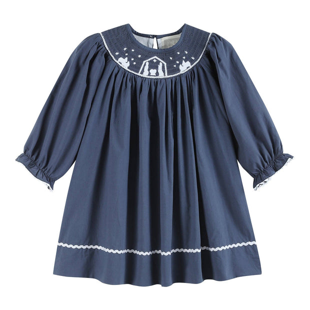 Girls Navy Nativity Smocked Bishop Dress