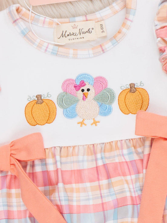 Thankful Pumpkin Plaid Bow Embroidered Romper