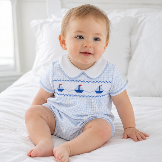 Ahoy Baby Smocked Bubble - Light Blue