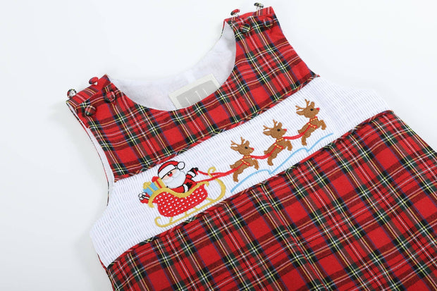 Santa’s Sleigh Smocked Plaid Overalls