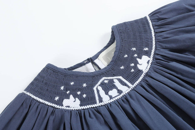 Girls Navy Nativity Smocked Bishop Dress