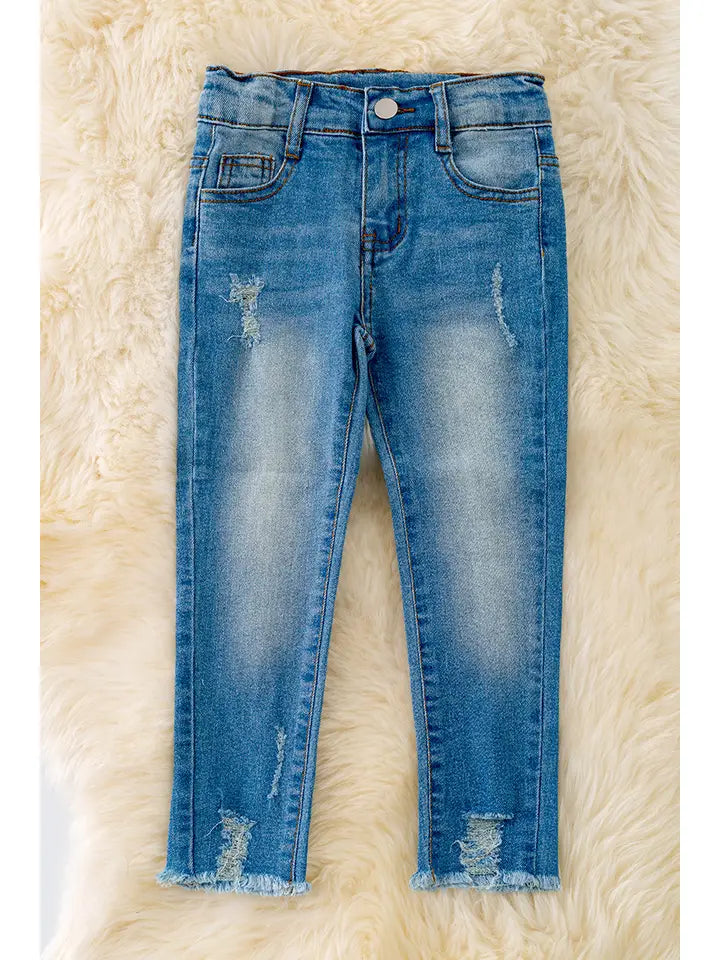 Girls Denim Pants with Distressed Hem