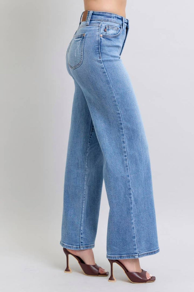 Judy Blue-High Waisted Vintage Wash Retro Wide Leg Jeans