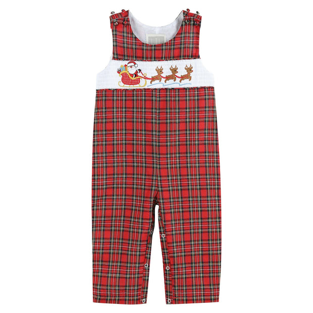 Santa’s Sleigh Smocked Plaid Overalls