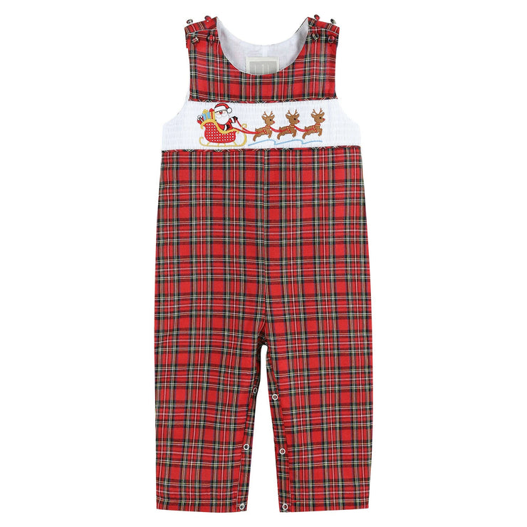 Santa’s Sleigh Smocked Plaid Overalls