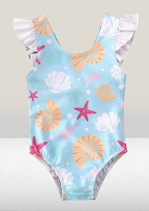 Blue Seashells 1-Piece Girl Swimsuit