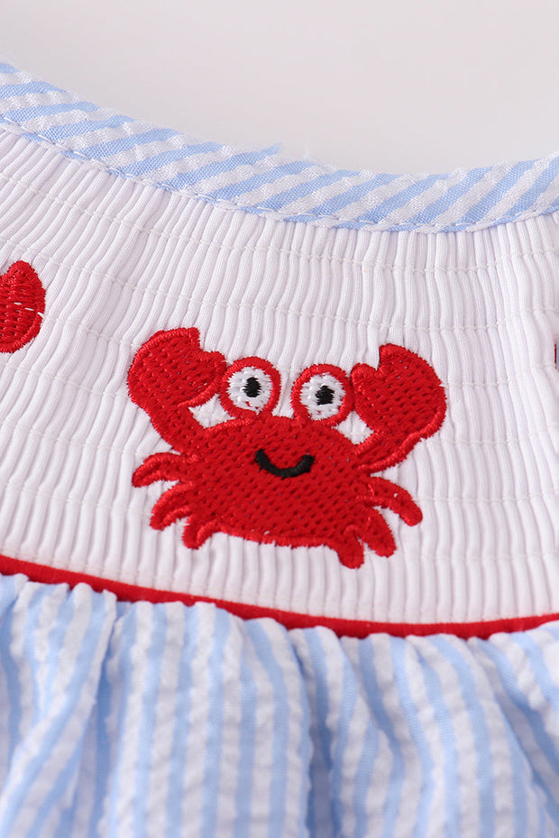 Blue Seersucker Crab Smocked Bubble